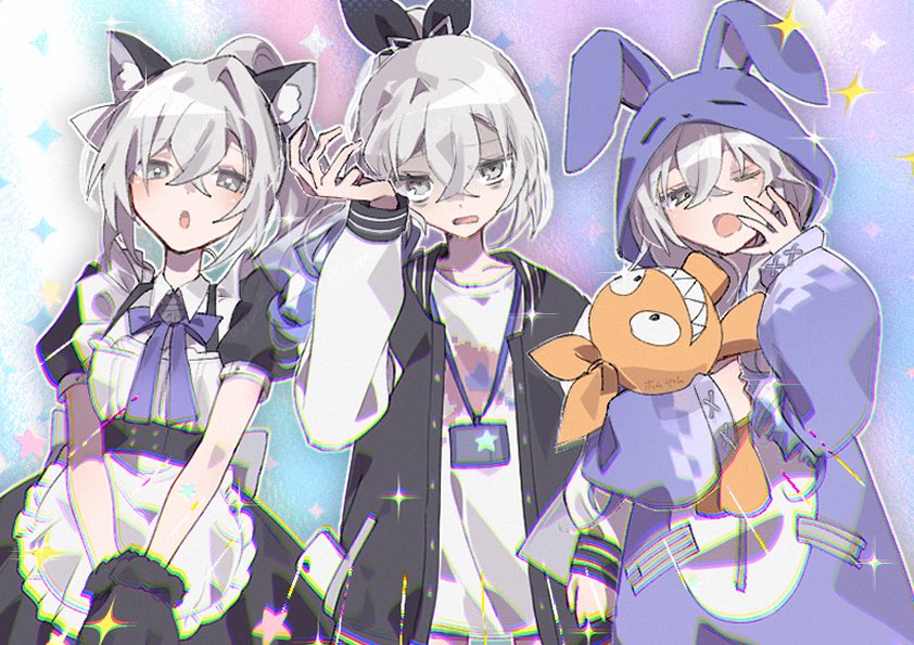 3girls, animal_ear_hairband, animal_ear_hood, animal_ears, apron, black_dress, black_gloves, black_jacket, commentary, crossed_bangs, dress, english_commentary, fake_animal_ears, gloves, gradient_background, grey_eyes, grey_hair, hair_between_eyes, hair_ribbon, hairband, hand_up, holding, holding_stuffed_toy, honkai:_star_rail, honkai_(series), hood, jacket, lanyard, long_hair, long_sleeves, looking_at_viewer, maid, multiple_girls, multiple_persona, official_alternate_costume, ohoolthu, one_eye_closed, onesie, open_mouth, own_hands_together, pajamas, ponytail, ribbon, shirt, short_sleeves, silver_wolf_(honkai:_star_rail), stuffed_toy, upper_body, white_apron, white_shirt, yawning