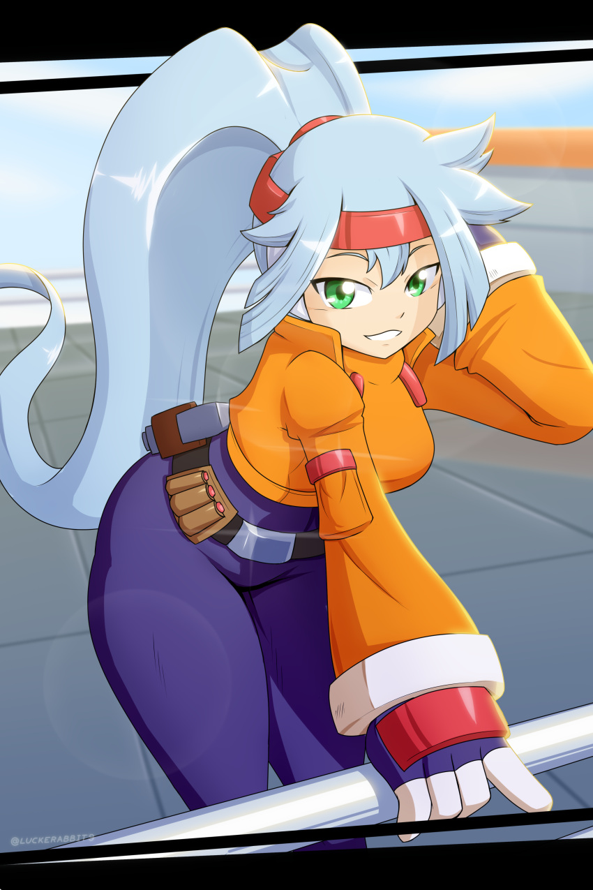 1girl, absurdres, adjusting_hair, ashe_(mega_man), blush, bodysuit, breasts, commentary
