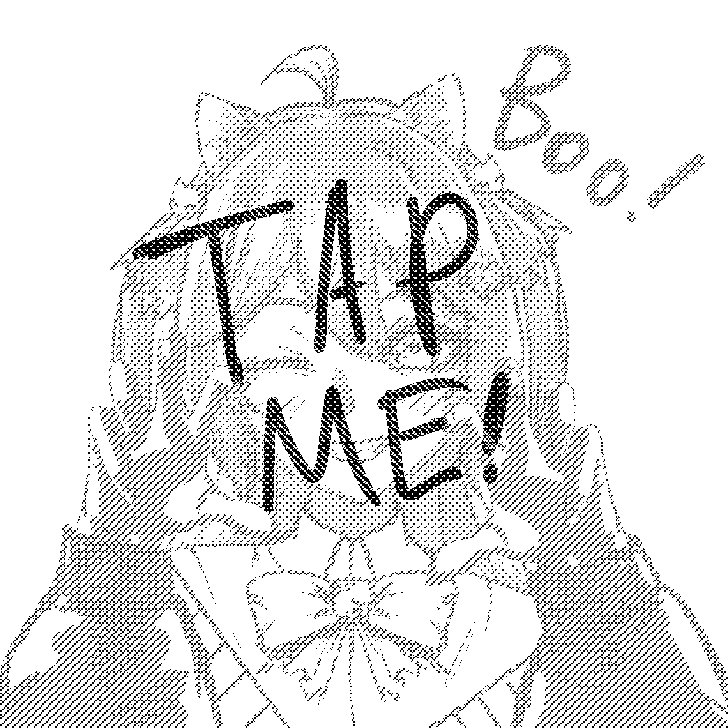 1girl, absurdres, ahoge, animal_ears, blush, bow, bowtie, broken_heart, broken_heart_hair_ornament, cat_ears, cat_girl, collared_shirt, commentary, dress_shirt, english_commentary, evil_neuro-sama, grin, hair_between_eyes, hair_ornament, heart, heart_hair_ornament, highres, long_hair, long_sleeves, looking_at_viewer, meme, monochrome, nyuakel, one_eye_closed, shirt, simple_background, skull_hair_ornament, smile, solo, tap_me_(meme), torn_hair_ribbon, two_side_up, upper_body, vedal_ai, virtual_youtuber, white_background