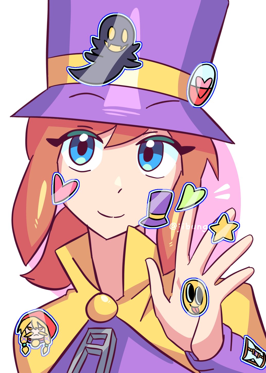 1girl, a_hat_in_time, blonde_facial_hair, blue_eyes, brown_hair, cape, character_sticker, closed_mouth, commentary, english_commentary, facial_hair, gashapon, hand_up, hat, hat_kid, hat_ribbon, hat_sticker, heart, heart_sticker, highres, hourglass, jacket, jibung, long_hair, long_sleeves, looking_at_viewer, medium_hair, mustache, mustache_girl, notice_lines, open_hand, ponytail, portrait, purple_hat, purple_jacket, ribbon, sidelocks, smile, snatcher_(a_hat_in_time), solo, star_(symbol), star_sticker, sticker, sticker_on_clothes, sticker_on_face, tongue, tongue_out, top_hat, twitter_username, white_background, yellow_cape, yellow_eyes, yellow_ribbon, zipper_pull_tab