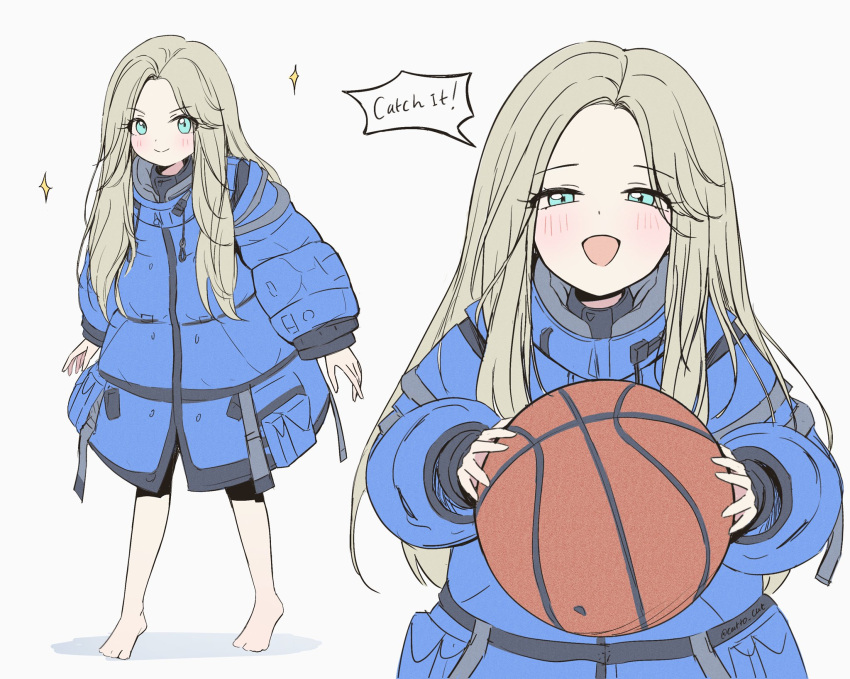 1girl, :d, aqua_hair, ball, barefoot, basketball, blonde_hair, blue_coat