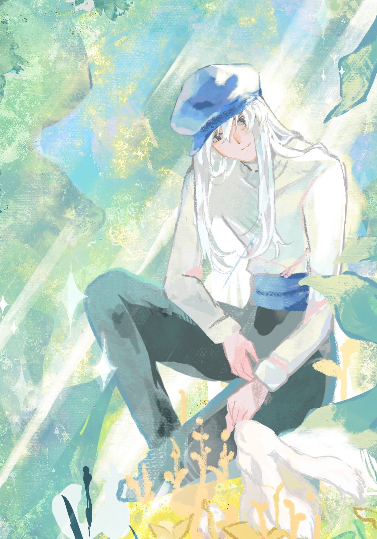 1boy, androgynous, blue_hat, commentary, haru3433, hat, highres, hunter_x_hunter