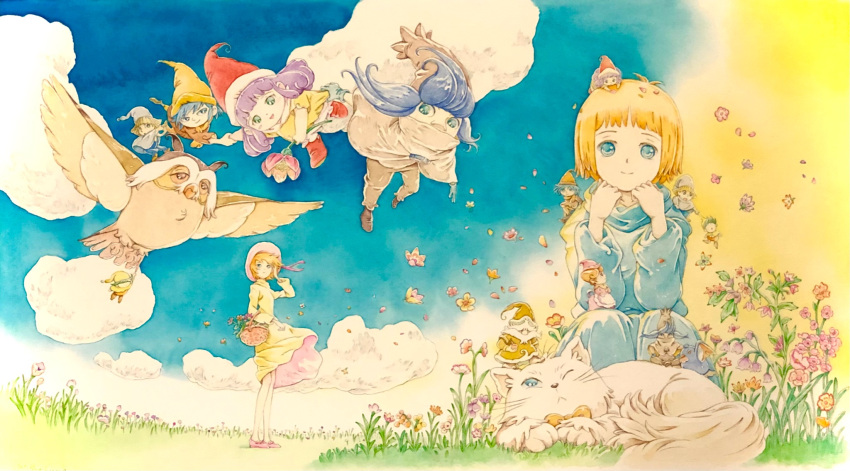 3girls, 5boys, animal, barbara_(memoru), basket, bird, blonde_hair, bloomers