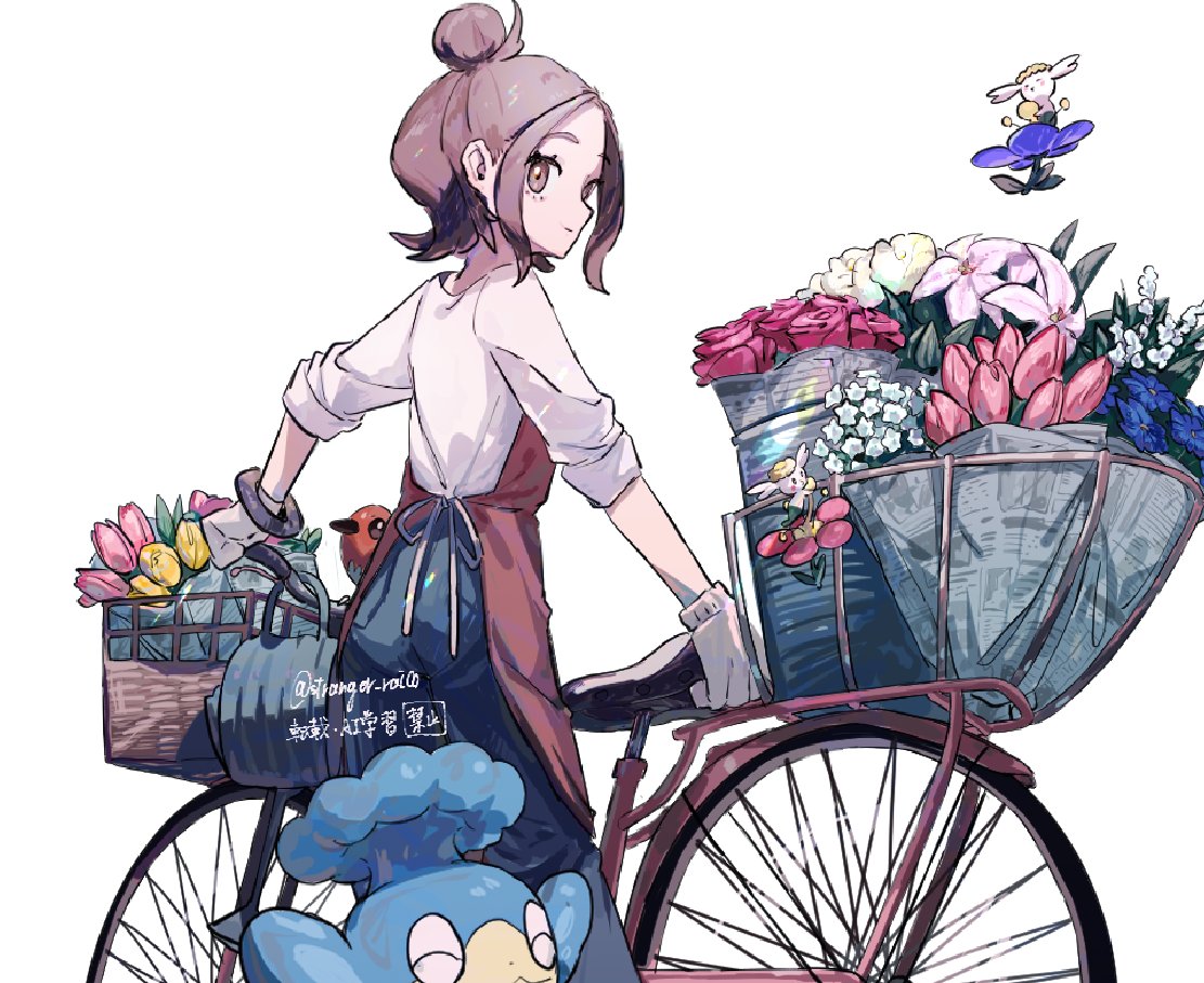 1girl, apron, bicycle, blue_flower, brown_eyes, brown_hair, closed_mouth, commentary