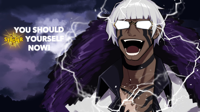 1boy, black_shirt, bob_cut, chest_tattoo, coat, commentary, dark-skinned_male, dark_skin