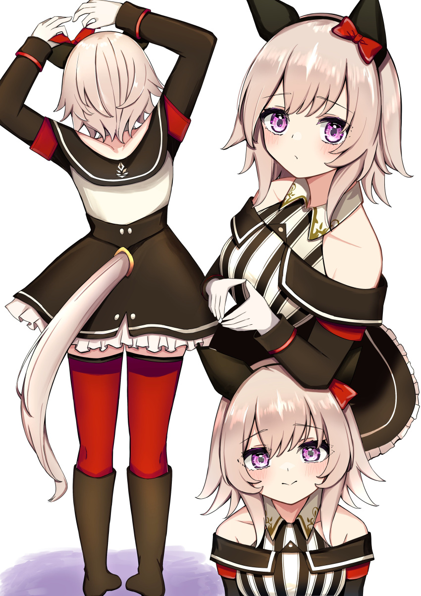 1girl, absurdres, animal_ears, bare_shoulders, black_boots, black_hairband, blush, boots