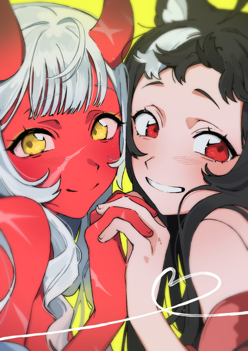 2girls, absurdres, ahoge, akumi_(yoclesh), black_hair, blush, close-up, colored_skin
