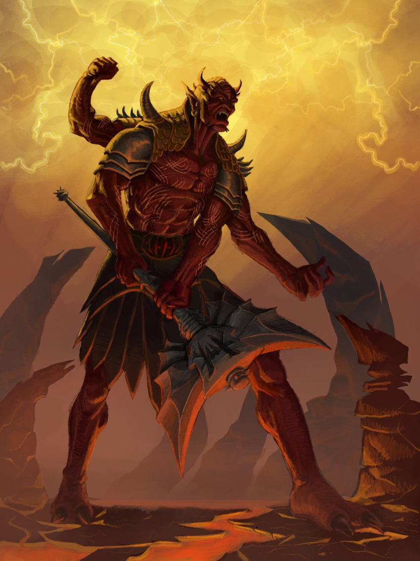 1boy, abs, absurdres, arm_tattoo, armor, axe, bald, battle_axe