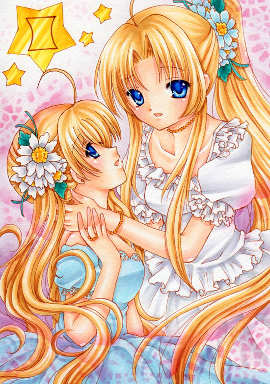 blonde_hair, bracelet, dress, flower, gemini, hair_flower, hair_ornament, jewelry