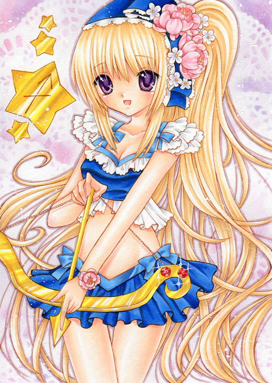 blonde_hair, bow_(weapon), bracelet, flower, frills, hair_flower, hair_ornament, hairband