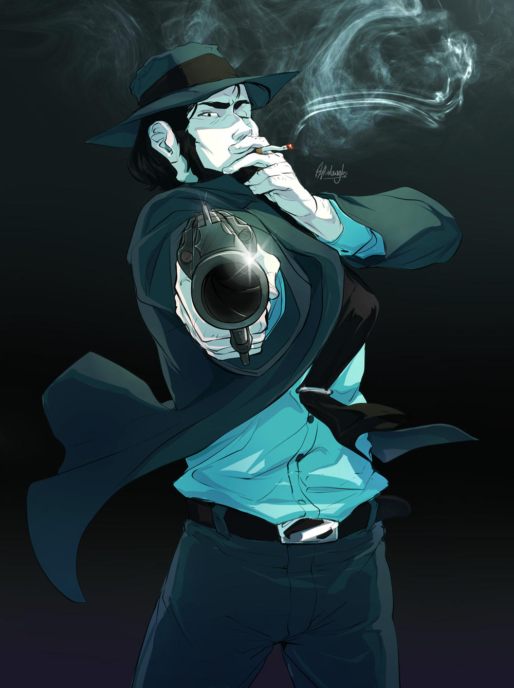 1boy, afterlaughs, aiming, beard, belt, belt_buckle, black_eyes, black_hair