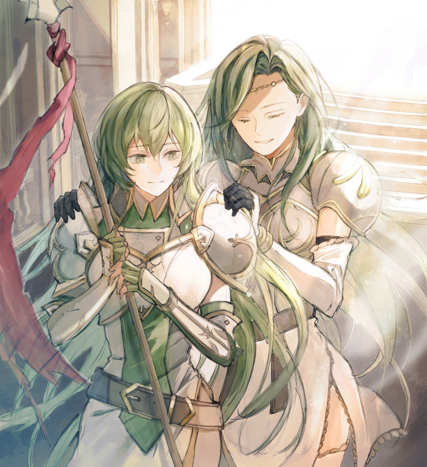 2girls, annand_(fire_emblem), armor, belt, belt_buckle, breastplate, brown_belt, buckle