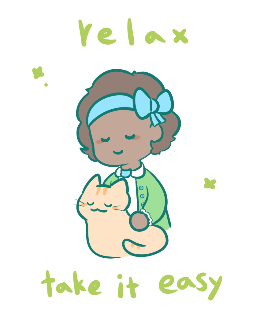 1girl, :3, a_hat_in_time, blue_bow, blue_hairband, bow, bow_hairband, bow_kid, brown_hair, buttons, cat, child, closed_eyes, closed_mouth, commentary, cropped_torso, dark-skinned_female, dark_skin, english_text, green_jacket, hairband, hatnyangii, highres, jacket, long_sleeves, petting, protected_link, shirt, short_hair, smile, solo, white_background, white_shirt