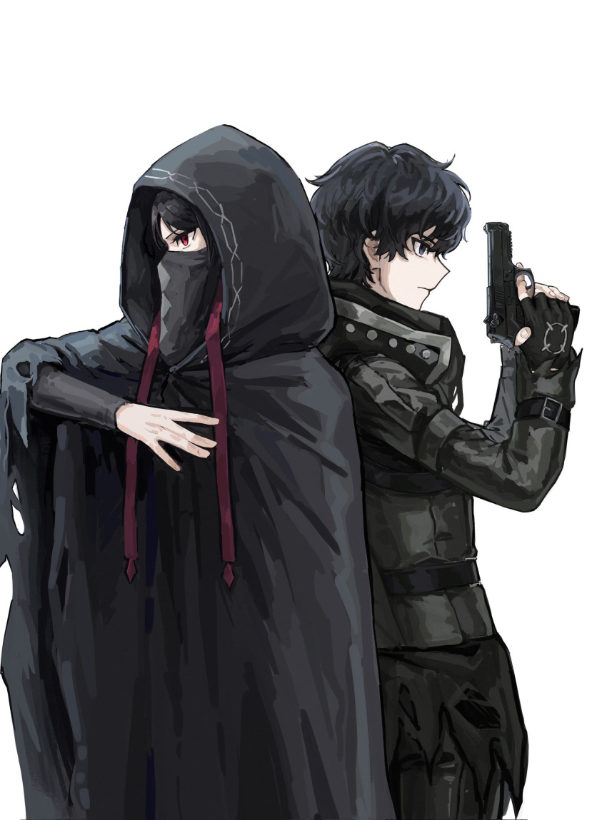 1boy, 1girl, back-to-back, baixiang1234567, beretta_92, black_hair, black_jacket, closed_mouth