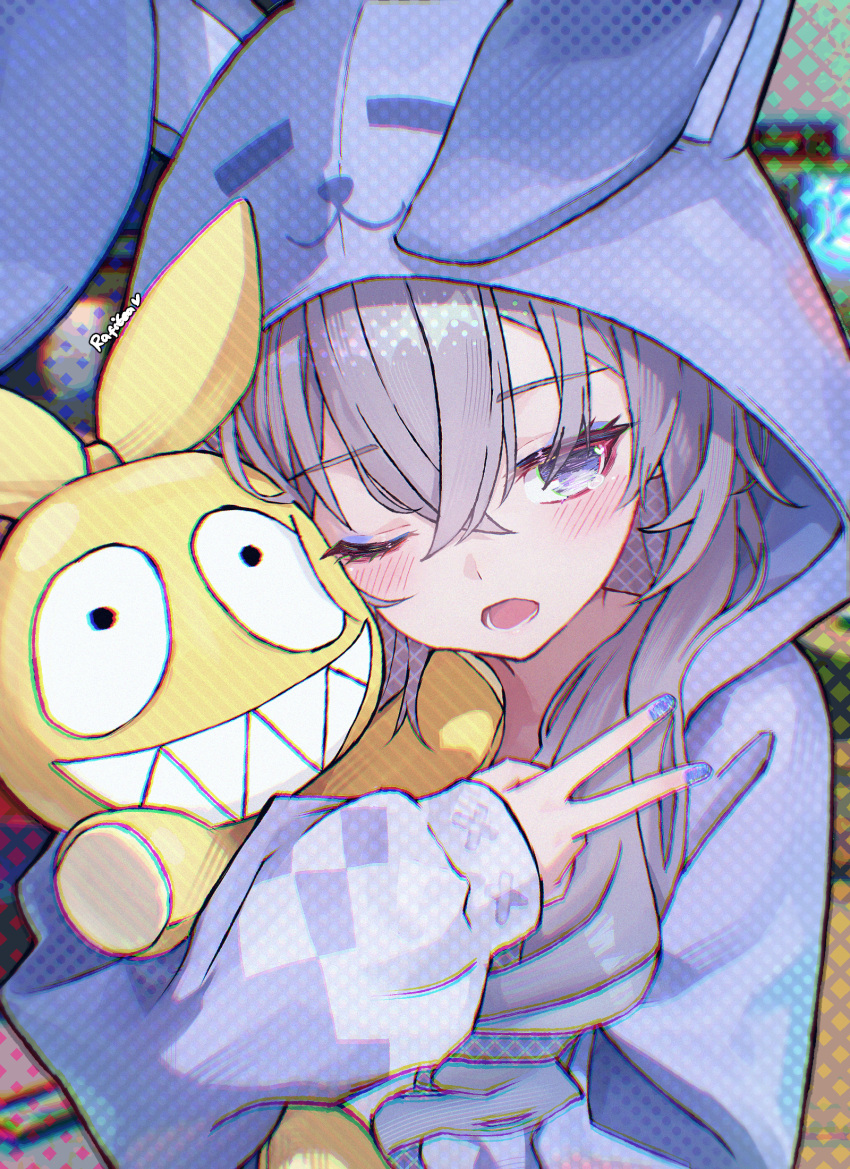 1girl, abstract_background, animal_ear_hood, commentary, dashed_eyes, english_commentary, eyeshadow, grey_eyes, grey_hair, hair_between_eyes, hair_over_shoulder, highres, holding, holding_stuffed_toy, honkai:_star_rail, honkai_(series), hood, long_hair, long_sleeves, looking_at_viewer, lower_teeth_only, makeup, nail_polish, official_alternate_costume, one_eye_closed, onesie, open_mouth, pajamas, purple_eyeshadow, purple_nails, rafi_(rafitea), silver_wolf_(honkai:_star_rail), solo, stuffed_toy, tearing_up, teeth, upper_body, v