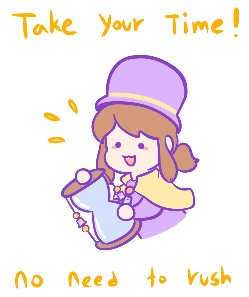 1girl, :3, a_hat_in_time, brown_hair, cape, child, commentary, cropped_torso, english_text, hat, hat_kid, hat_ribbon, hatnyangii, highres, holding_hourglass, hourglass, jacket, long_sleeves, medium_hair, notice_lines, open_mouth, ponytail, protected_link, purple_hat, purple_jacket, ribbon, sidelocks, solo, top_hat, white_background, yellow_cape, yellow_ribbon, zipper_pull_tab