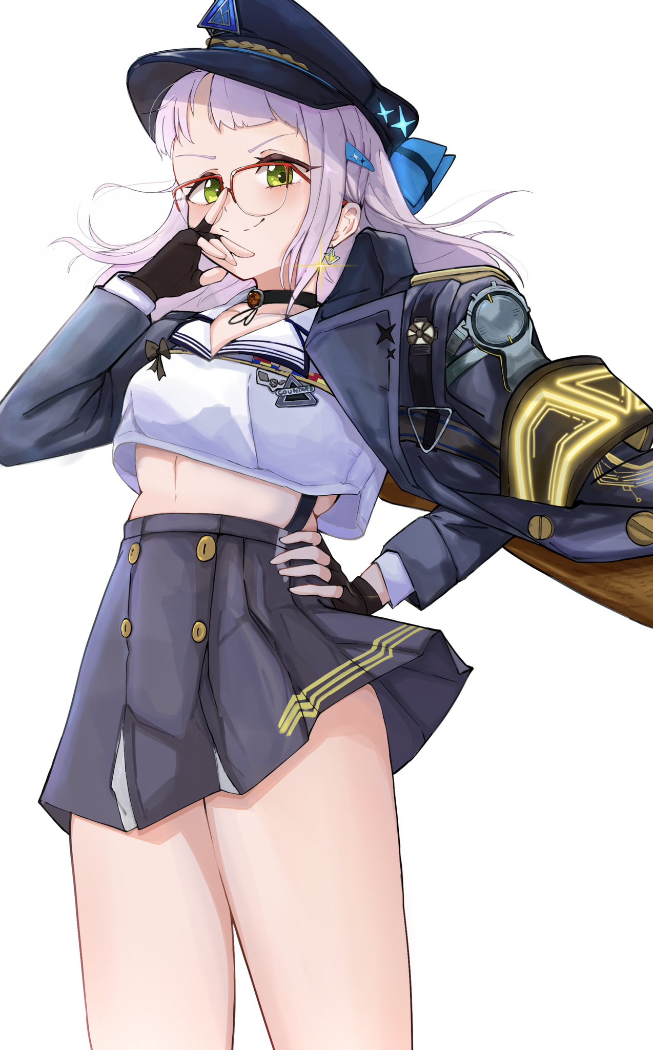 1girl, black_choker, black_coat, black_gloves, black_hat, black_skirt, breasts, cain_lk, choker, closed_mouth, coat, coat_on_shoulders, cropped_shirt, fingerless_gloves, glasses, gloves, goddess_of_victory:_nikke, hand_on_own_hip, hat, high-waist_skirt, highres, light_blush, long_hair, medium_breasts, neon_(nikke), neon_(vision_eye)_(nikke), official_alternate_costume, red-framed_eyewear, shirt, sidelocks, skirt, smile, solo, standing, thighs, white_background, white_hair, white_shirt