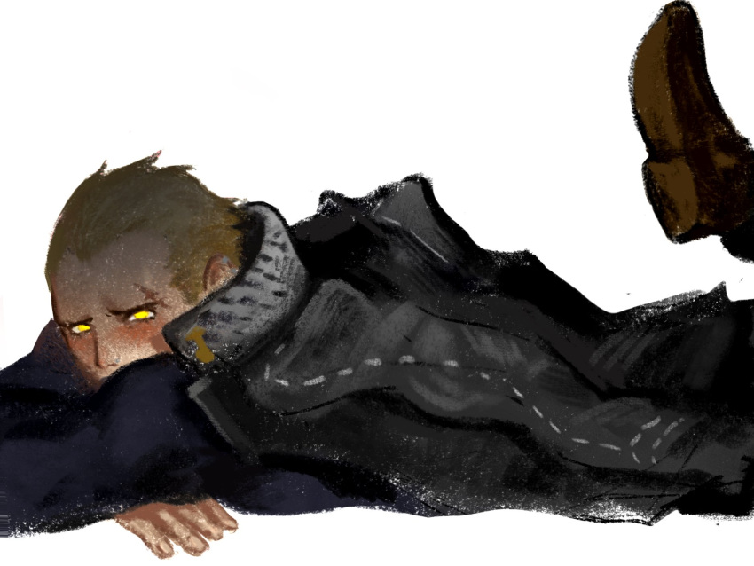 1boy, black_jacket, blonde_hair, blush, brown_shoes, collared_jacket, hair_slicked_back, highres