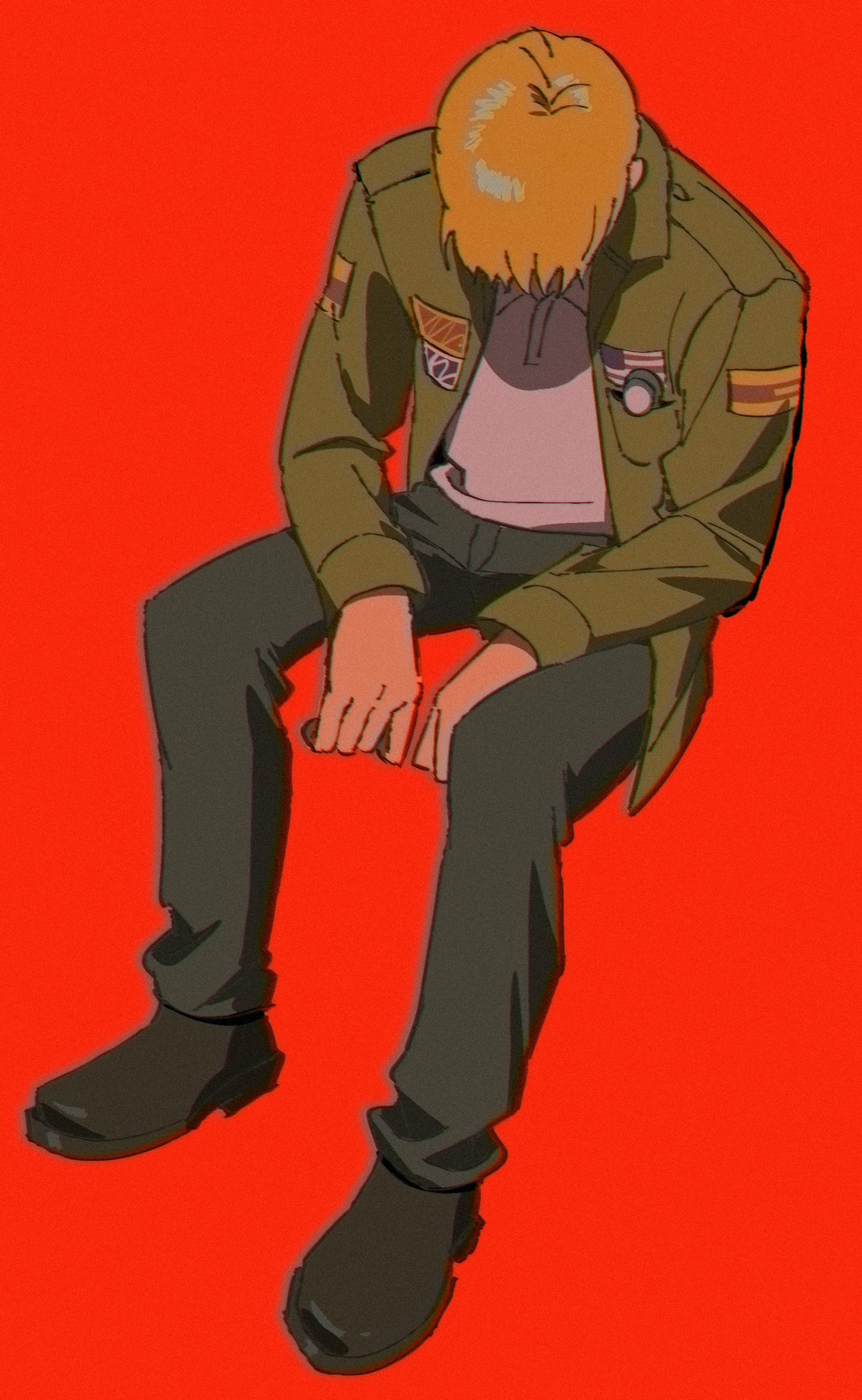 1boy, black_pants, black_shoes, blonde_hair, collared_jacket, commentary, english_commentary, full_body