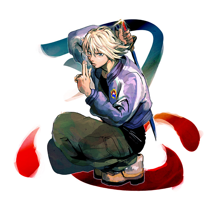 blonde_hair, boots, ivan_karelin, jacket, jutu, katana, letterman_jacket, male