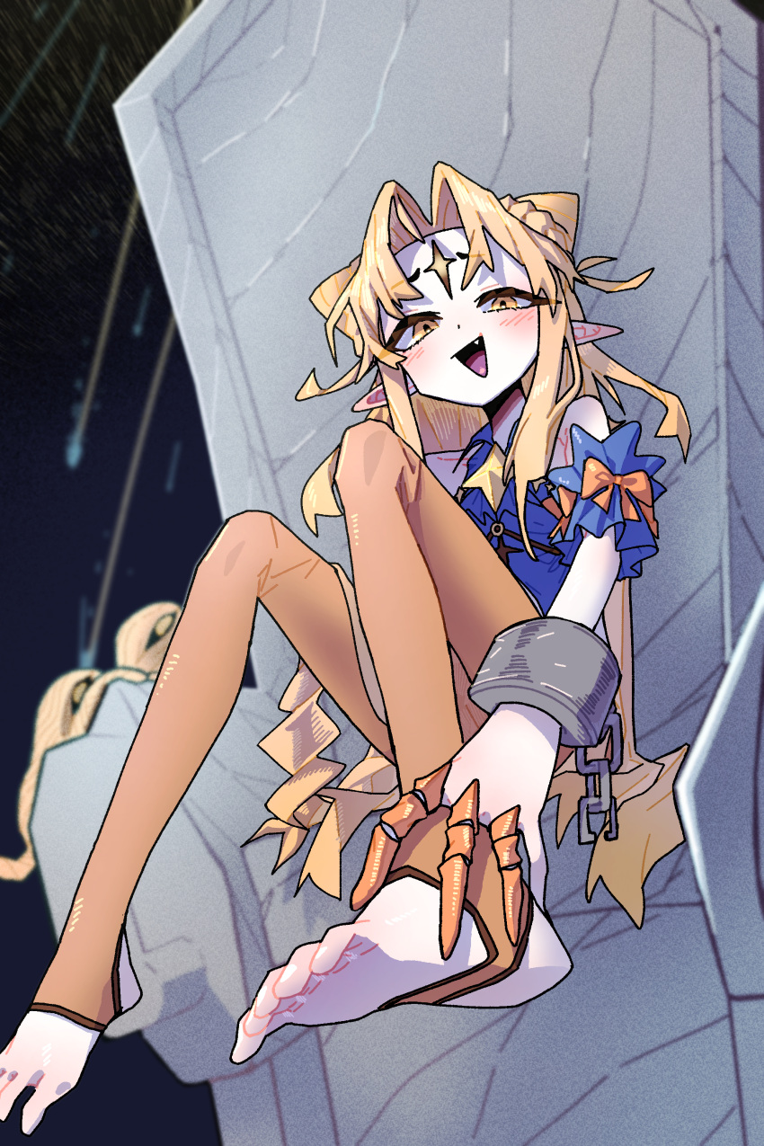 1girl, :d, absurdres, bare_shoulders, blonde_hair, blush, claw_ring, commentary_request