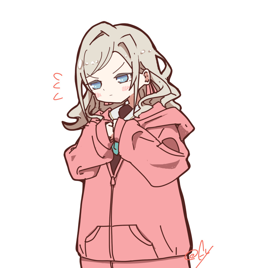 1girl, aqua_neckerchief, bloom_garden_party_jacket, blue_eyes, blush, brown_dress, ceras_yanagida_lilienfeld, closed_mouth