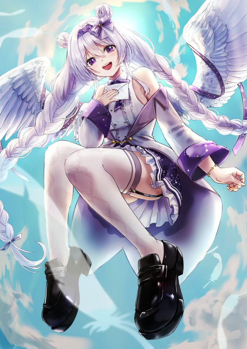 1girl, absurdres, black_shoes, blue_sky, bow, braid, breasts, commentary_request