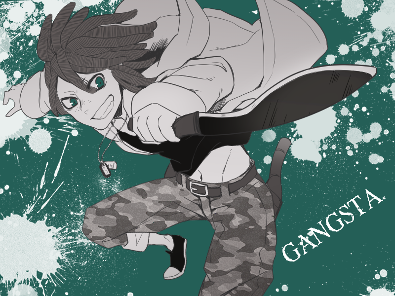1boy, black_shirt, camouflage, camouflage_pants, copyright_name, dog_tags, doug_(gangsta), dreadlocks