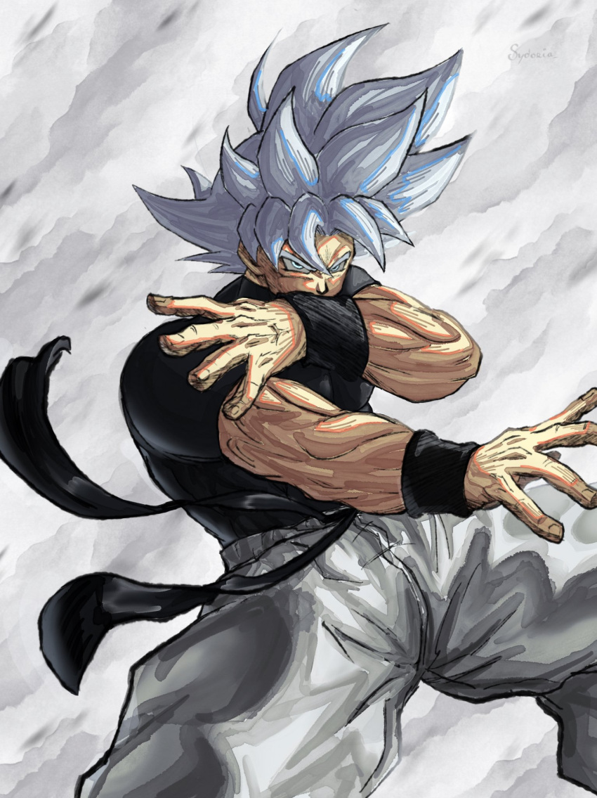 1boy, baggy_pants, compression_shirt, dougi, dragon_ball, dragon_ball_super, glowing, glowing_eyes