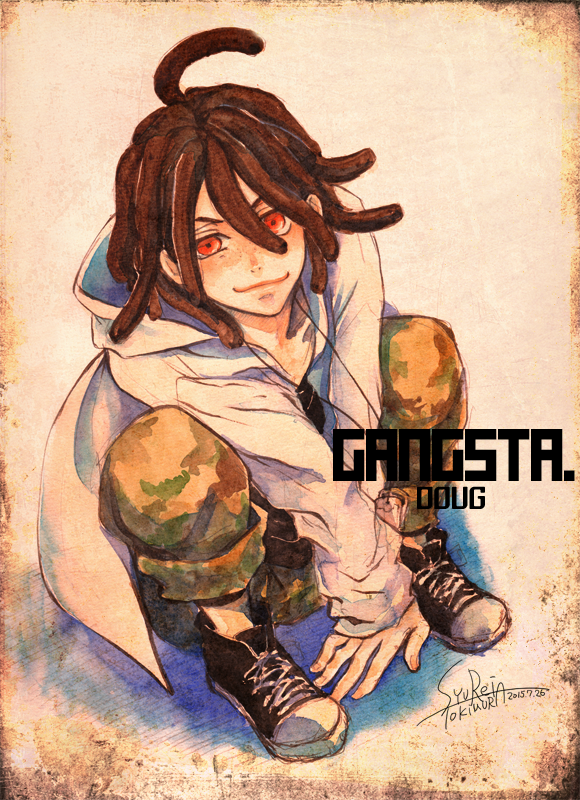 1boy, ahoge, black_shoes, brown_background, brown_hair, camouflage, camouflage_pants, character_name