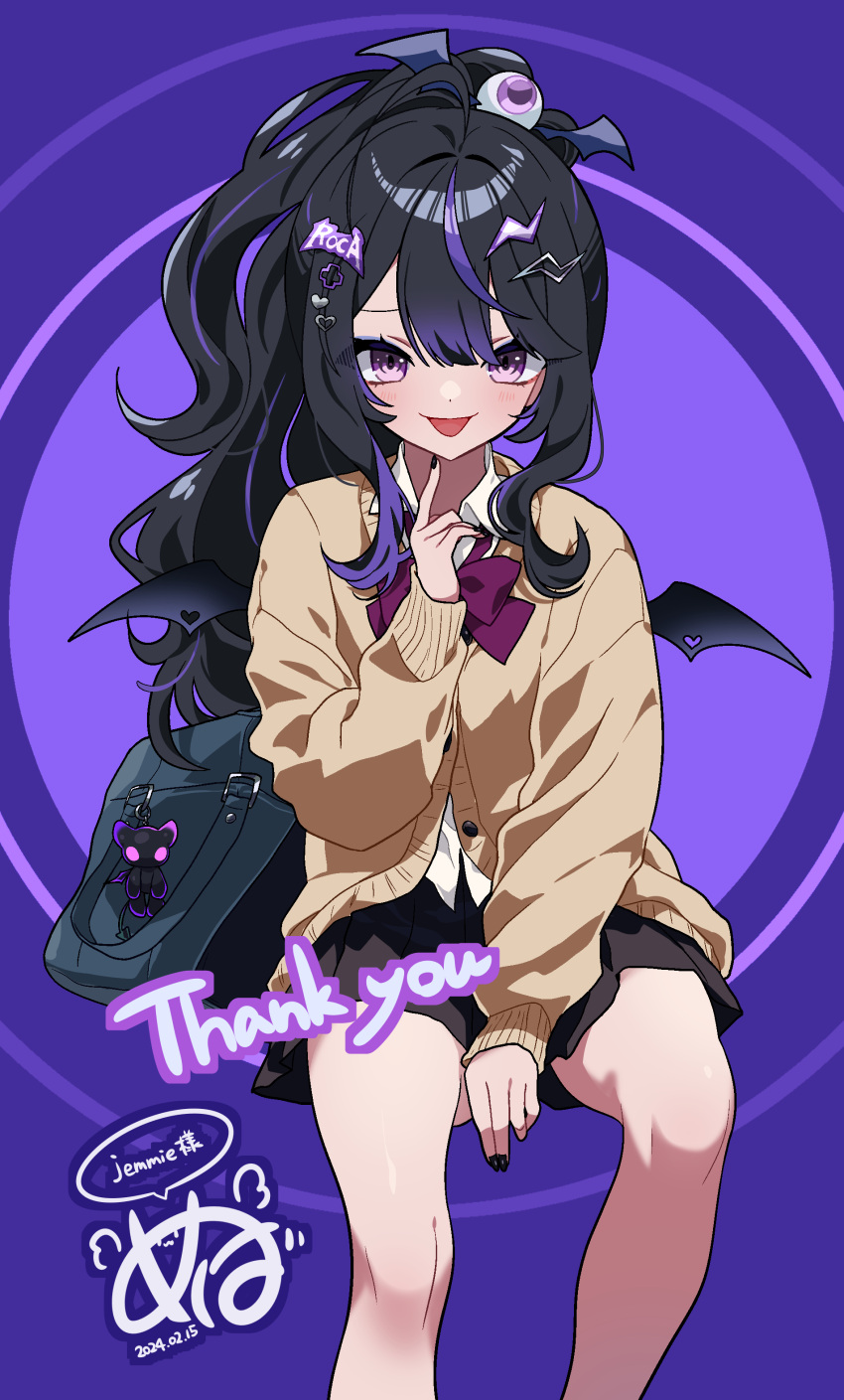 1girl, absurdres, ahoge, bag, black_hair, black_nails, black_skirt, brown_jacket