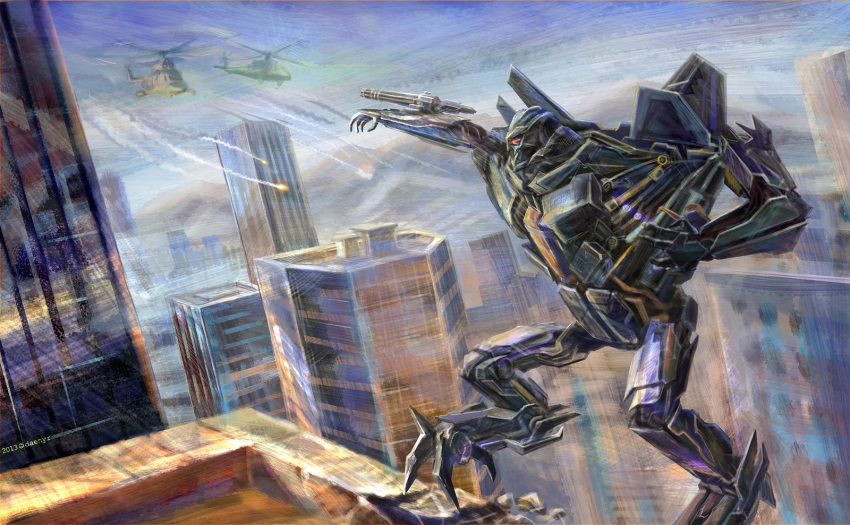 aircraft, airplane_wing, arm_mounted_weapon, attack_helicopter, building, darefi-daenyr, gatling_gun, glowing, glowing_eyes, helicopter, highres, mecha, military_vehicle, minigun, missile, red_eyes, reverse-jointed_legs, robot, science_fiction, starscream, transformers, transformers_(live_action)