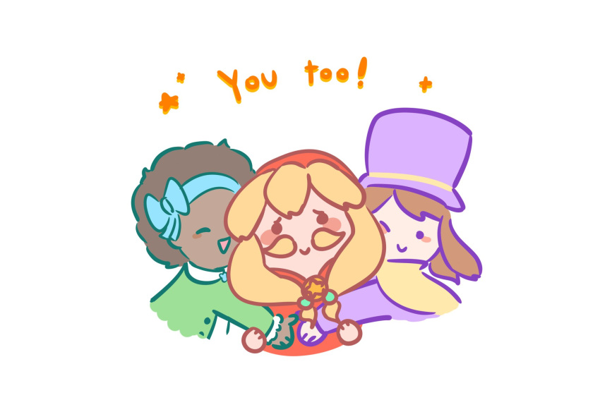 3girls, a_hat_in_time, blonde_facial_hair, blonde_hair, blue_bow, blue_hairband, bow, bow_hairband