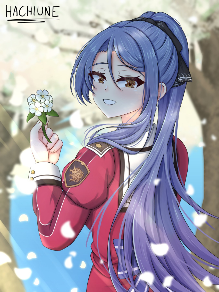 1girl, blue_hair, commentary, curtained_hair, eiyuu_densetsu, english_commentary, floating_hair, flower