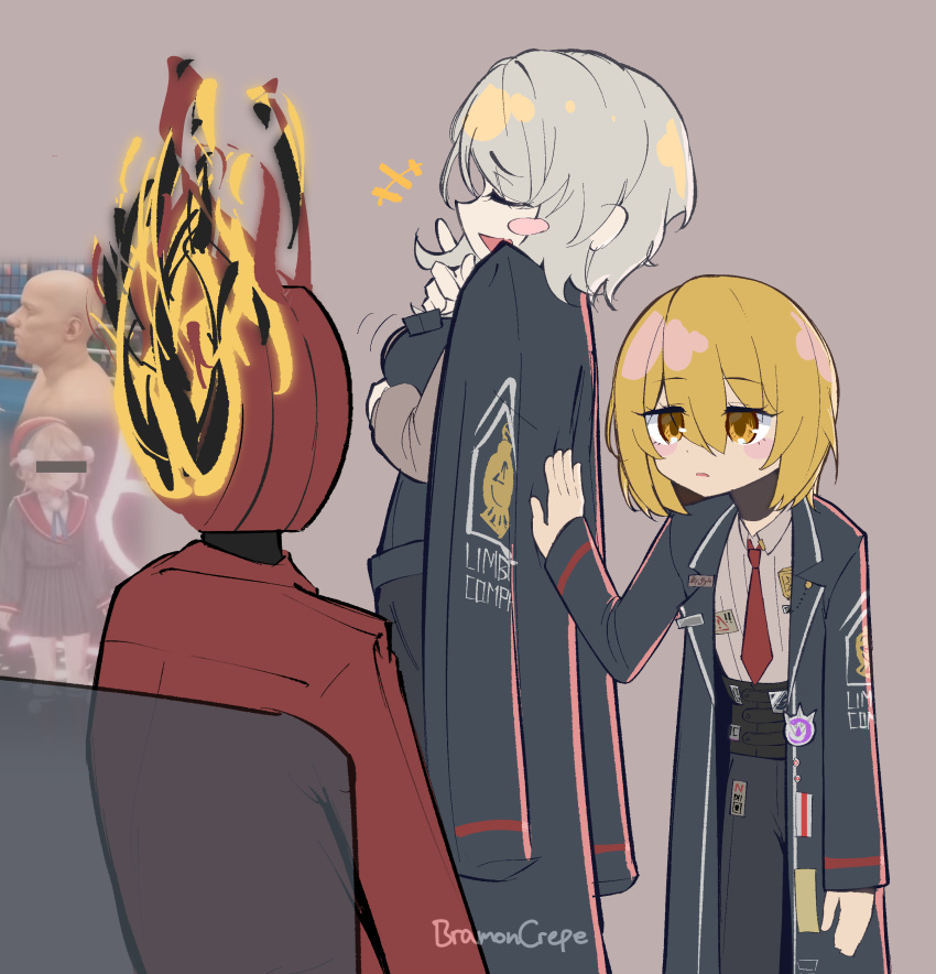 +++, 1other, 2girls, absurdres, bar_censor, black_coat, black_pants, blonde_hair