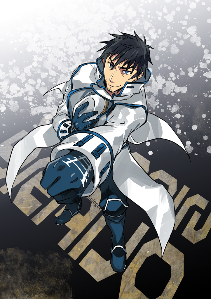 1boy, black_hair, blue_boots, blue_eyes, blue_gloves, blue_pants, blue_trim, boots