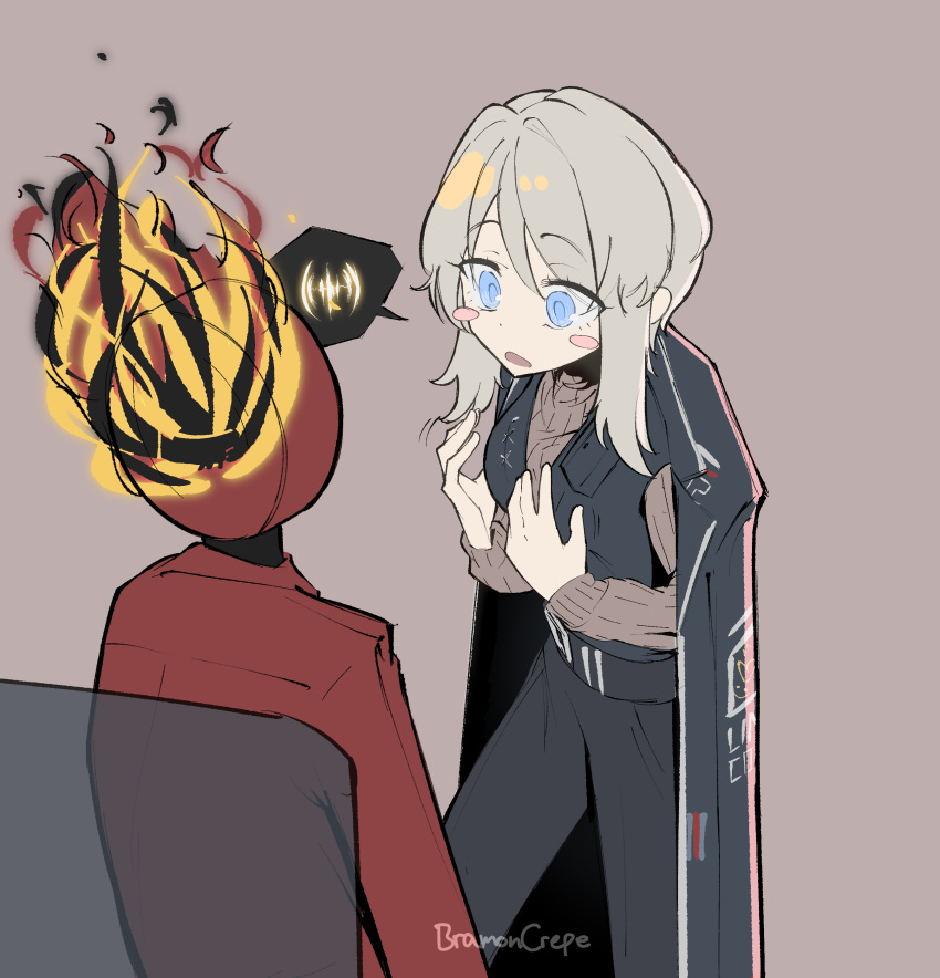 1girl, 1other, absurdres, belt, black_belt, black_coat, black_pants, blue_eyes