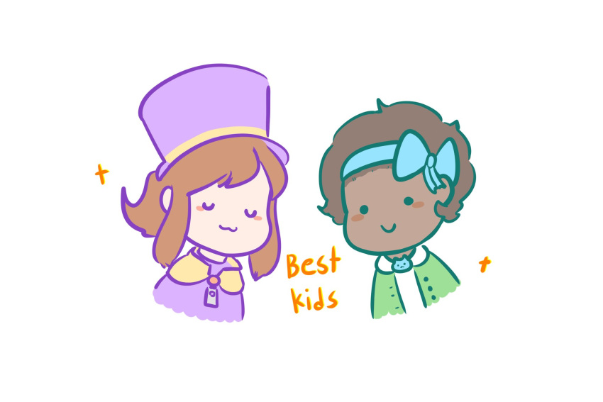 2girls, :3, a_hat_in_time, blue_bow, blue_hairband, bow, bow_hairband, bow_kid
