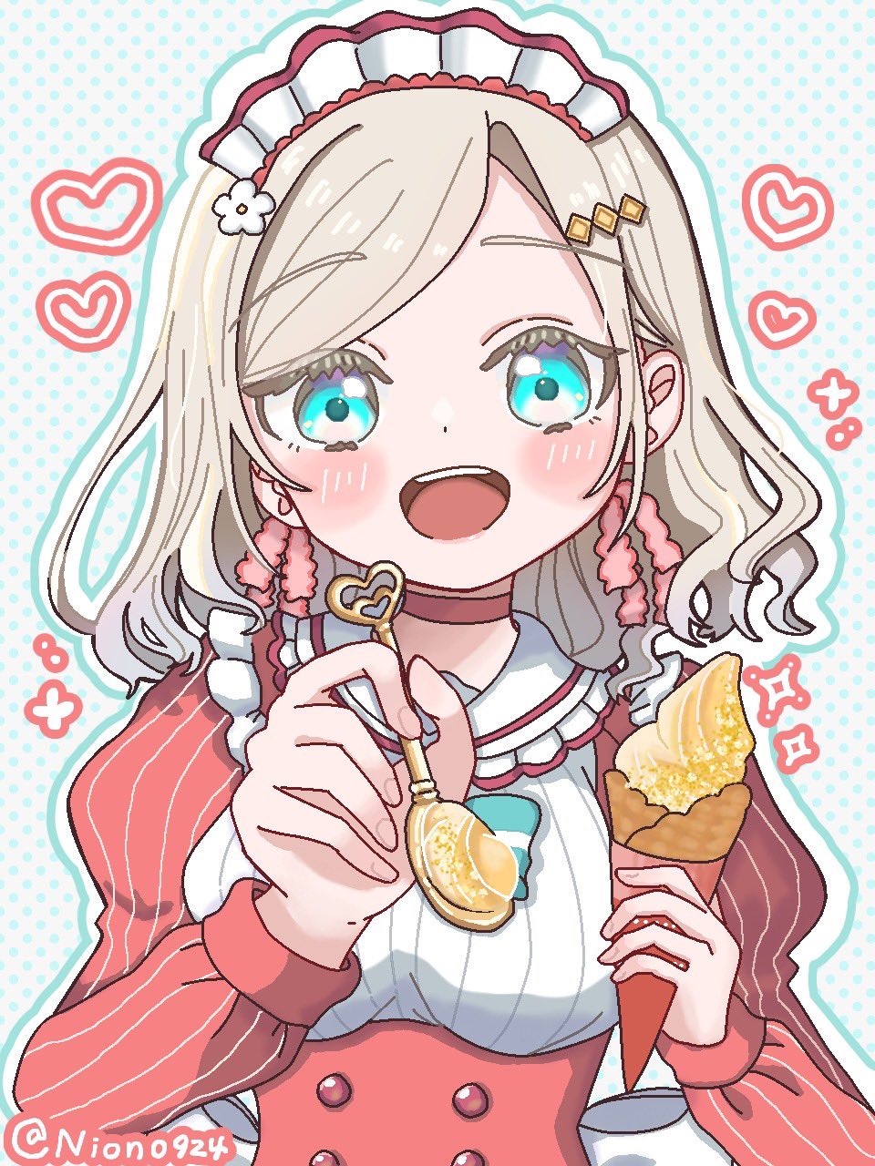 1girl, ai_scream!_(love_live!), alternate_costume, blue_background, blue_eyes, blush, buttons, ceras_yanagida_lilienfeld
