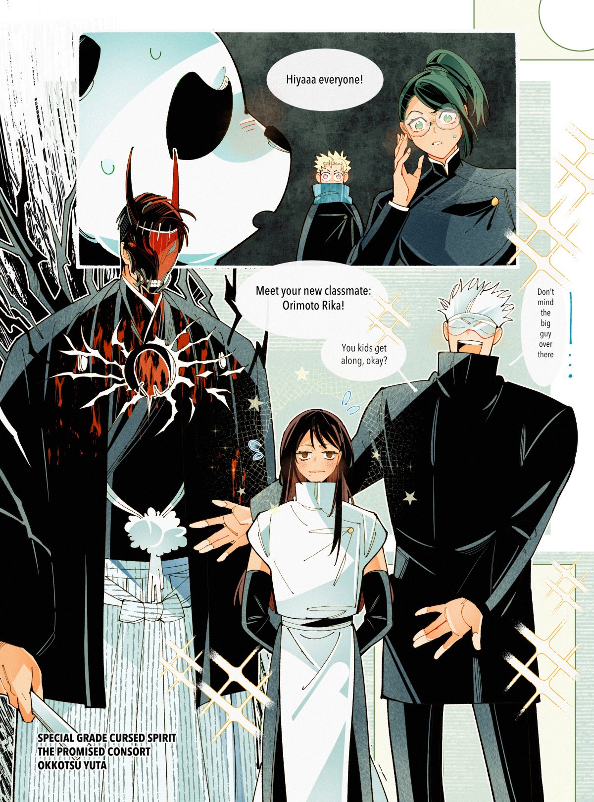 2girls, 308albi, 4boys, black_hair, demon_horns, detached_sleeves, english_text, glasses