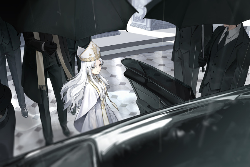 1girl, 5boys, black_gloves, black_necktie, black_pants, blurry, blurry_foreground, brown_scarf