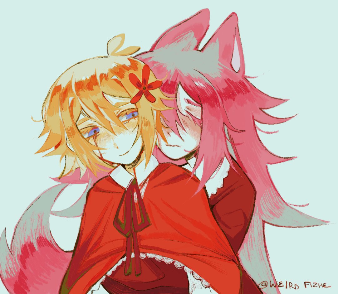 1boy, 1girl, alternate_universe, animal_ears, antenna_hair, arum_0m0, aubrey_(faraway)_(omori), aubrey_(omori)