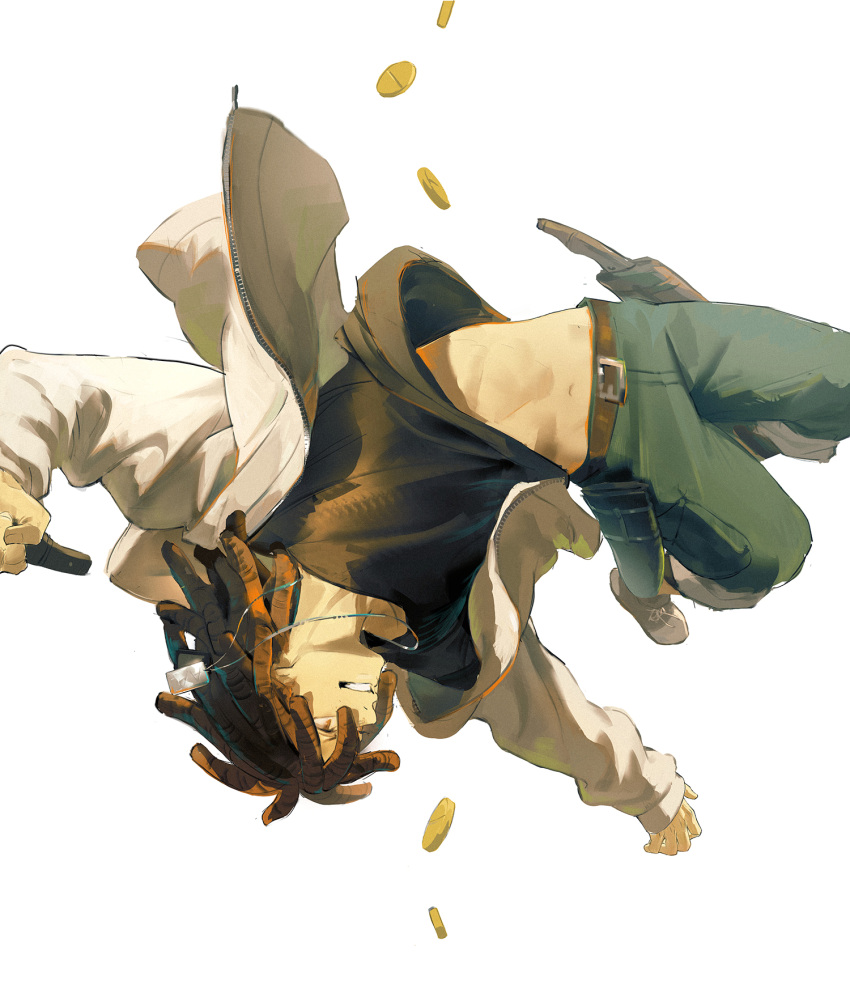 1boy, acrobatics, black_shirt, brown_eyes, brown_hair, cha_(fvaw7353), dog_tags, doug_(gangsta)