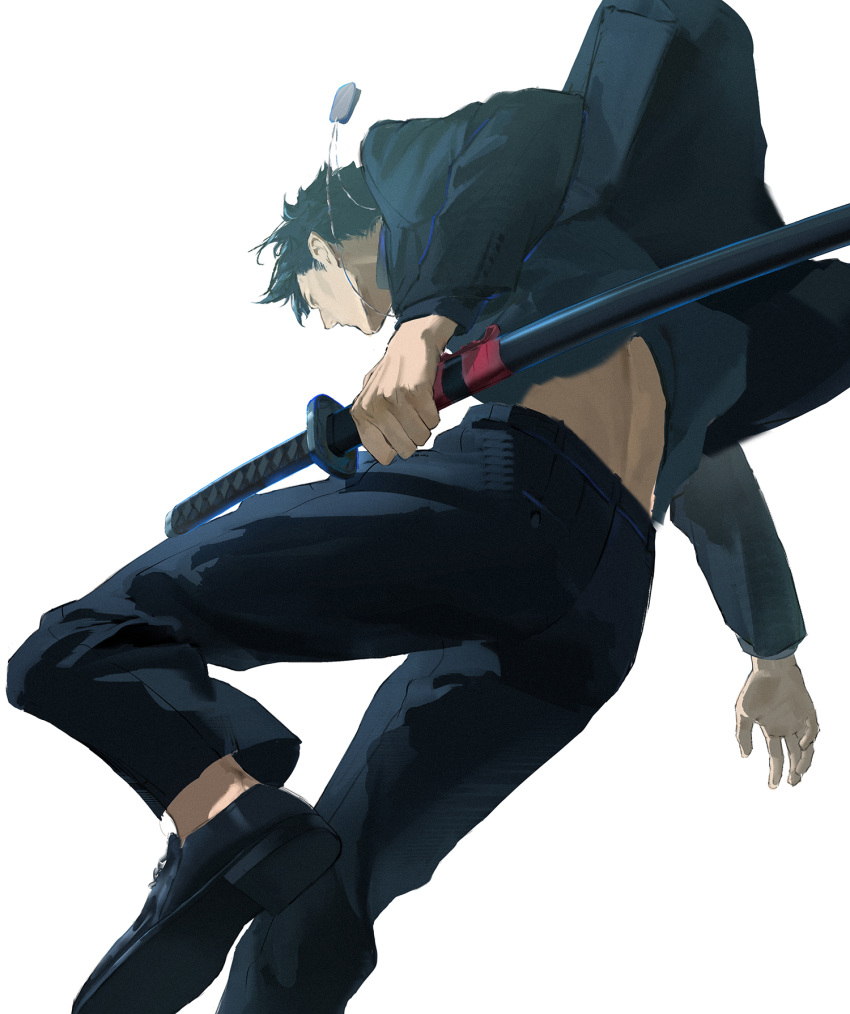 1boy, back_peek, black_hair, black_jacket, black_pants, black_shoes, blazer, cha_(fvaw7353)