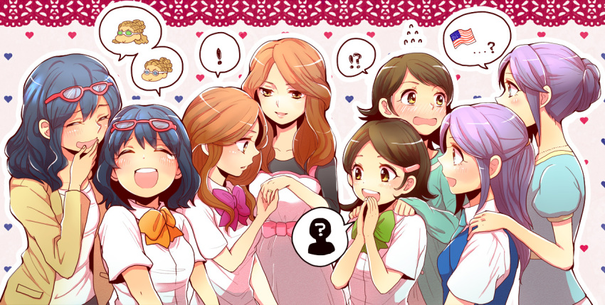 4girls, :d, age_progression, american_flag, blue_hair, blush, brown_eyes, brown_hair