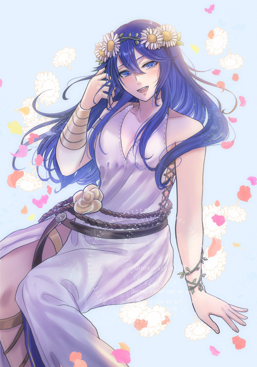 1girl, absurdres, armlet, bare_shoulders, blue_eyes, blue_hair, blush, brand_of_the_exalt, breasts, collarbone, commentary_request, cross-laced_clothes, cross-laced_dress, dress, falling_petals, fingernails, fire_emblem, fire_emblem_awakening, fire_emblem_heroes, floral_background, gold_armlet, gold_bracer, gold_thighlet, hair_between_eyes, hand_in_own_hair, head_wreath, highres, invisible_chair, jewelry, long_dress, looking_at_viewer, lucina_(fire_emblem), lucina_(valentine)_(fire_emblem), medium_breasts, nekoyashiki_08, official_alternate_costume, petals, rope_belt, side_slit, sitting, sleeveless, sleeveless_dress, smile, solo, symbol_in_eye, thighlet, twitter_username, vine_bracelet, watermark, white_dress