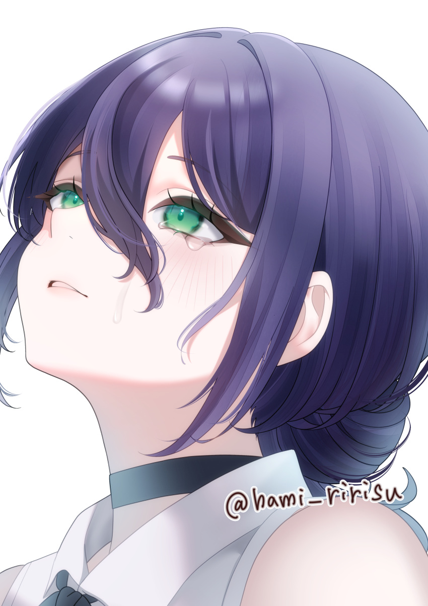 1girl, absurdres, black_choker, chainsaw_man, choker, collared_shirt, commentary_request, crying, crying_with_eyes_open, green_eyes, hair_between_eyes, hair_bun, hami_ririsu, highres, looking_up, parted_lips, purple_hair, reze_(chainsaw_man), shirt, simple_background, sleeveless, sleeveless_shirt, solo, tears, twitter_username, white_background, white_shirt