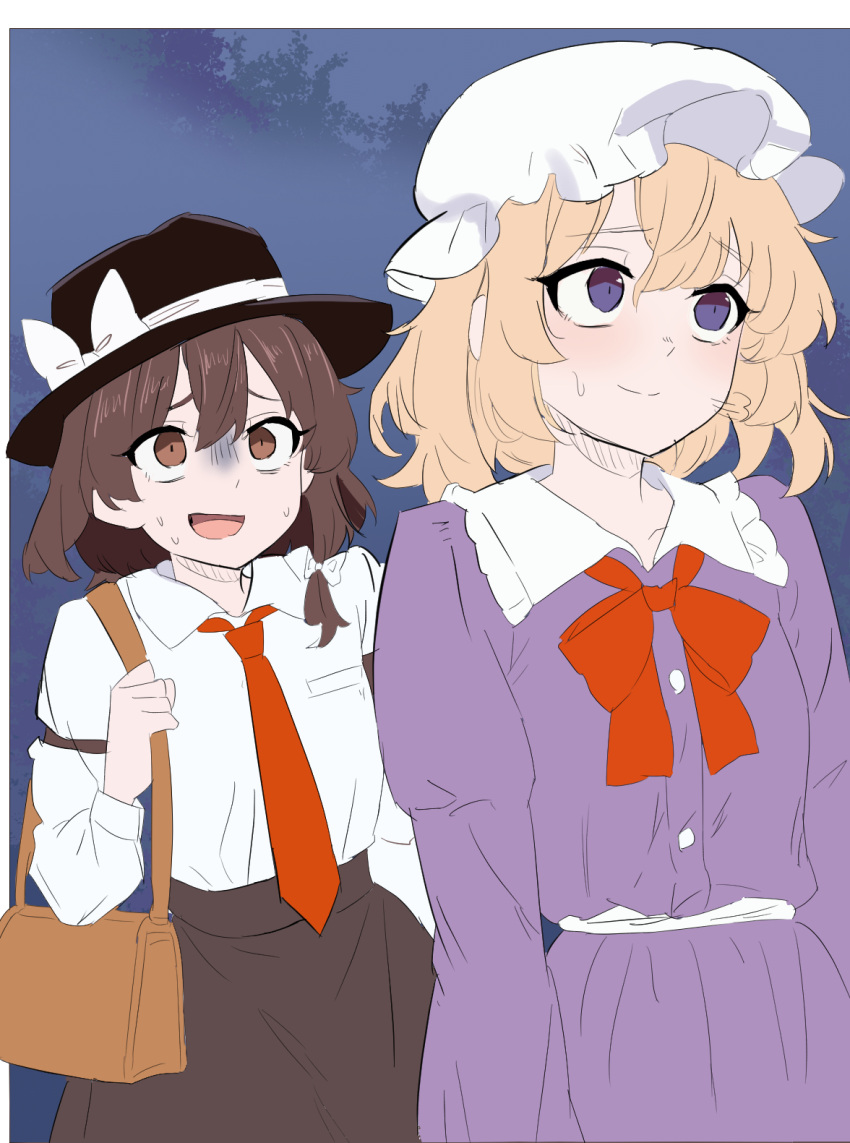2girls, asymmetrical_sidelocks, aya-daisuki218, bag, black_hat, black_skirt, blonde_hair, blue_background
