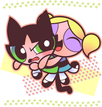 annoyed, black_hair, blonde_hair, bubbles_(ppg), buttercup_(ppg), cat_ears, cat_tail, fang, green_eyes, hug, kemonomimi_mode, lowres, pantyhose, powerpuff_girls, shimabo, smile, tail, white_legwear