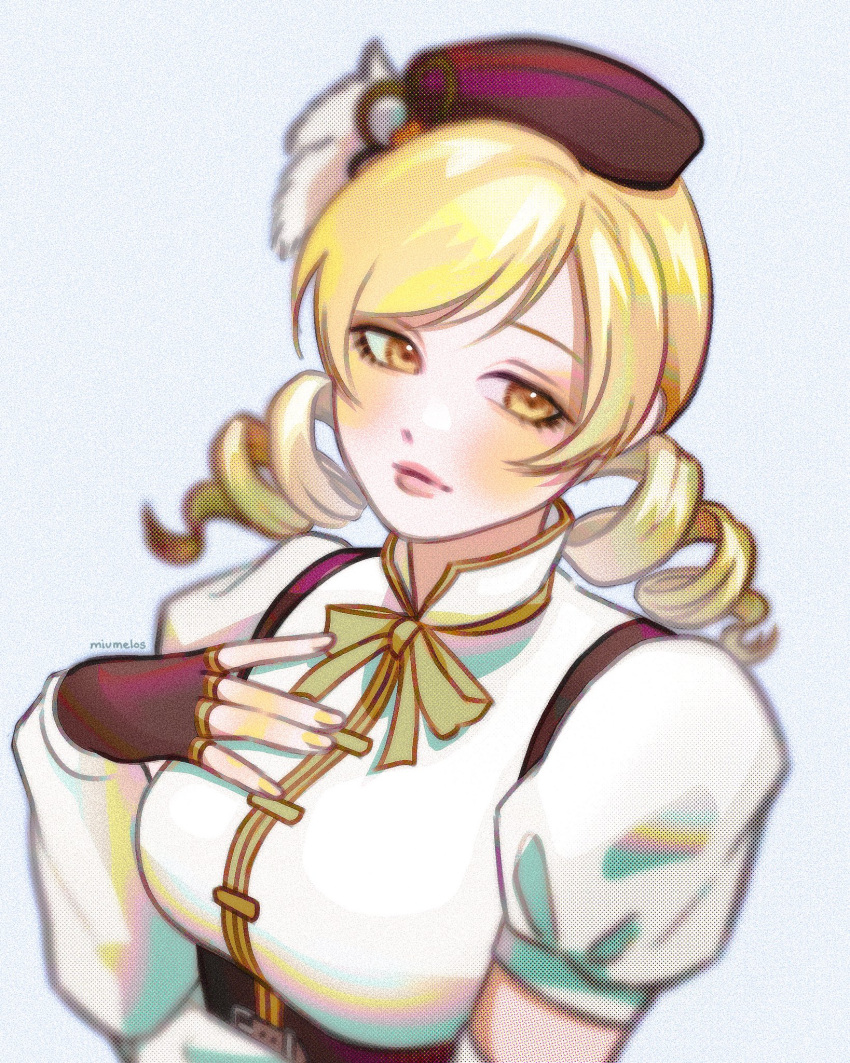 1girl, artist_name, beret, blonde_hair, breasts, closed_mouth, commentary, detached_sleeves